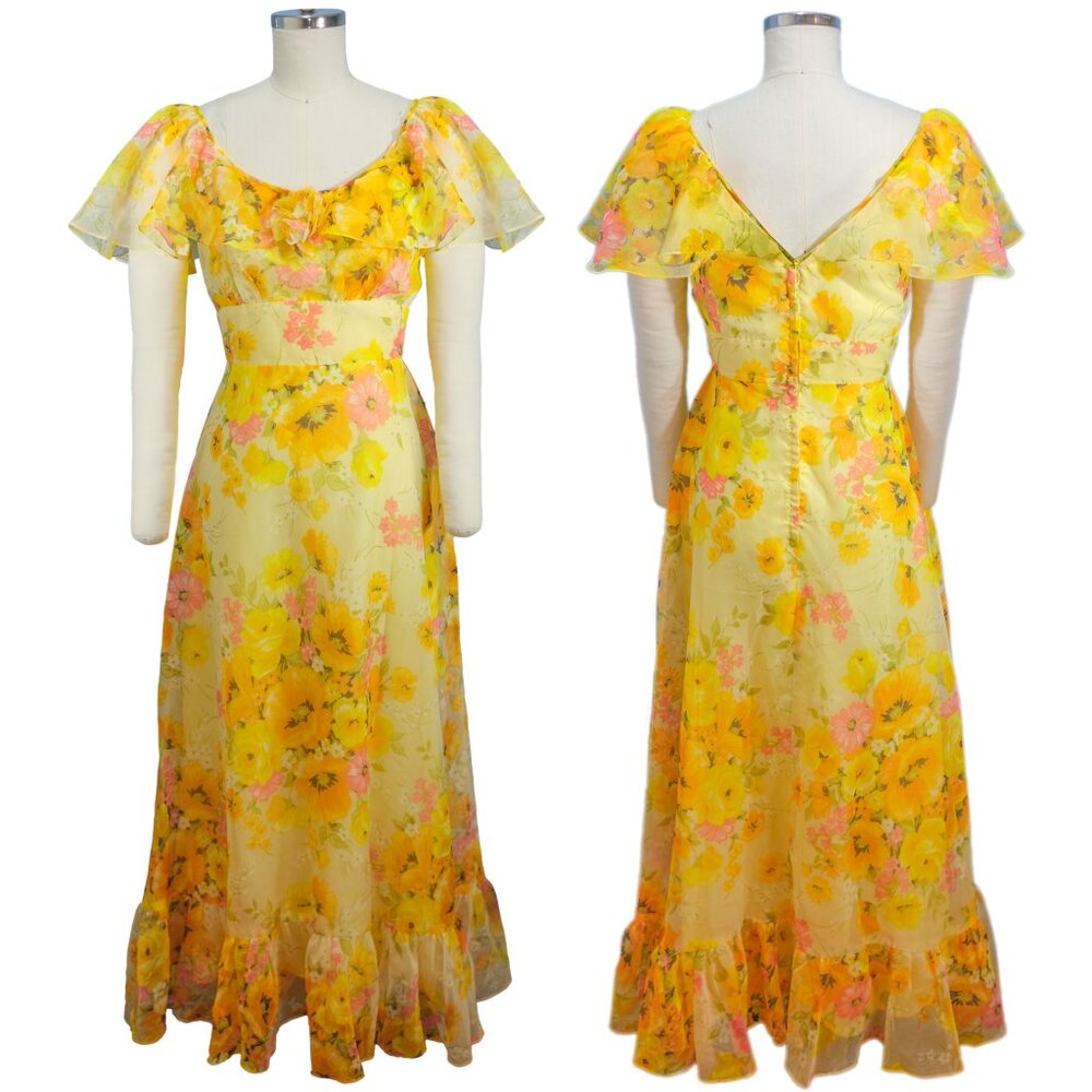 Vintage Yellow Floral Maxi Gown -1970's - Size SM - Very Good Condition -